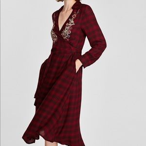 Embroidered plaid wrap dress